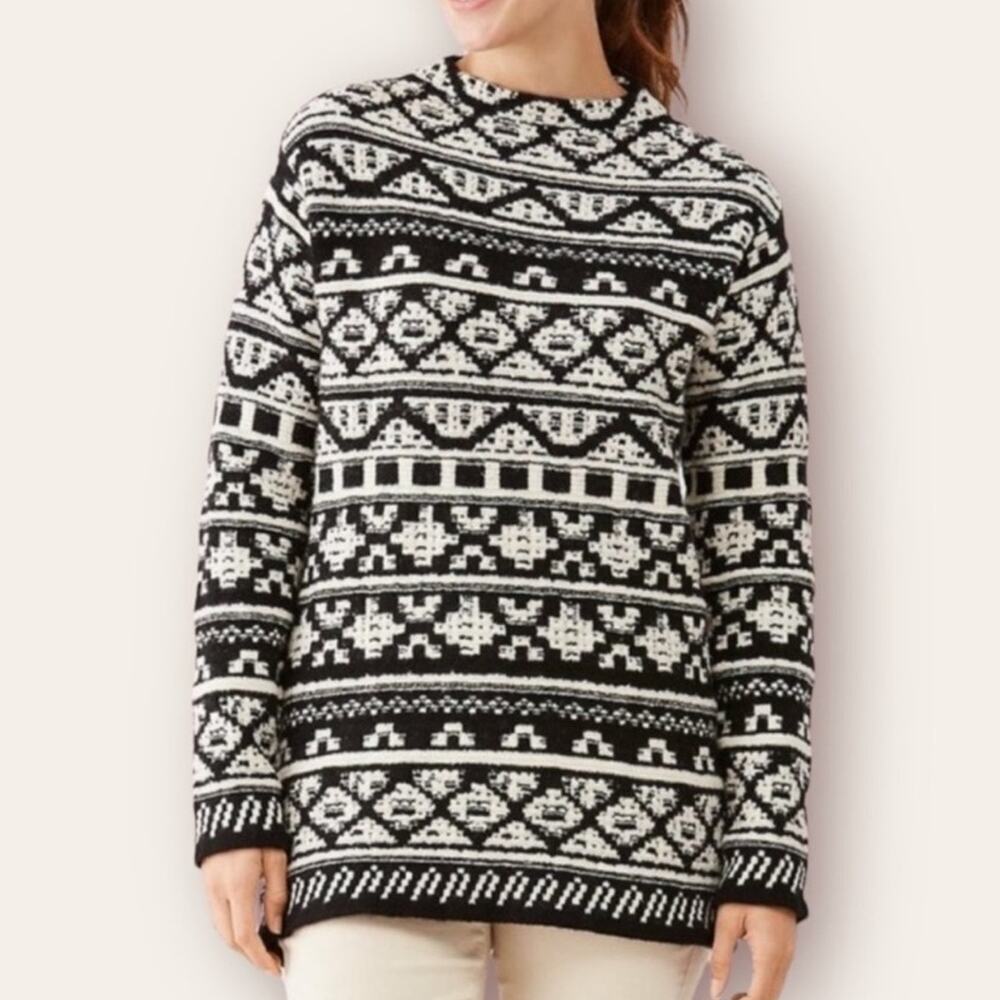 J.Jill Tribal Print Wool Blend Black & White Mock Neck Sweater Size M